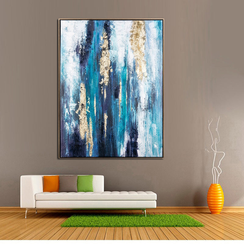 Handmade Gold Foil Abstract Oil Painting Wall Art Modern Minimalist Blue Color Canvas Home Decorative For Living Room No Frame The Fauna Place