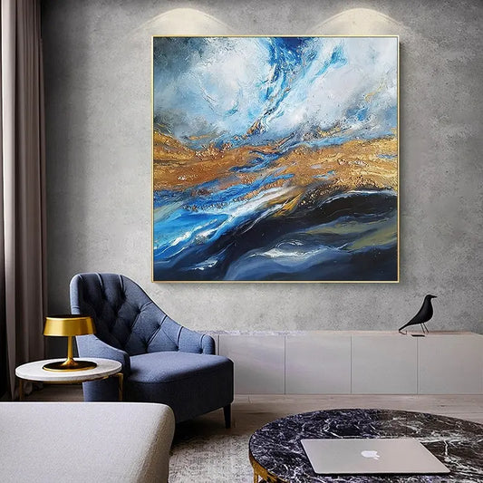 New Painting Home Decoration Modern Hand Painted Abstract Painting With Blue And Gold Texture Large Living Room Wall Picture Doba