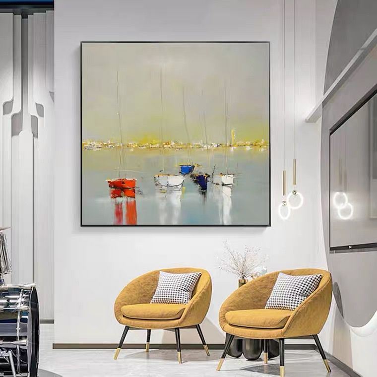 Ocean Wall Art Canvas Oil Painting Sunrise Bathroom Handmade Boat Landscape Posters Picture for Bedroom Beach House Decor The Fauna Place